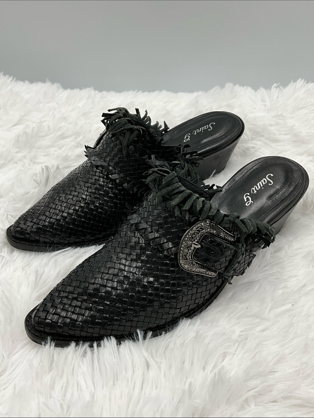 Saint G Mules Size 8 Black, Woven, Slip on with Stylish Buckle